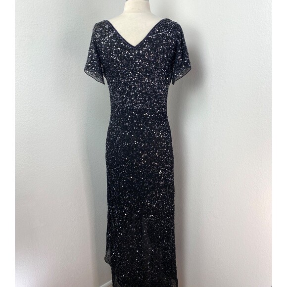 Vintage Black Bead Sequin Maxi Evening Dress Size 6 Formal Party Glam Goth Noir - Picture 9 of 13